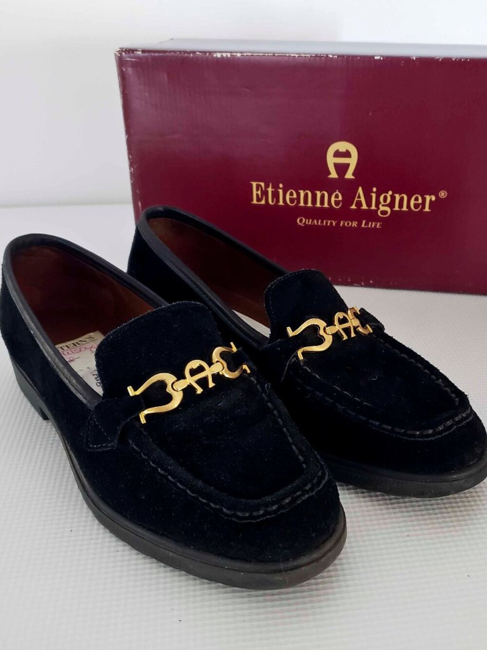 Etienne Aigner Black Suede Gold Horse Bit Loafers 6M